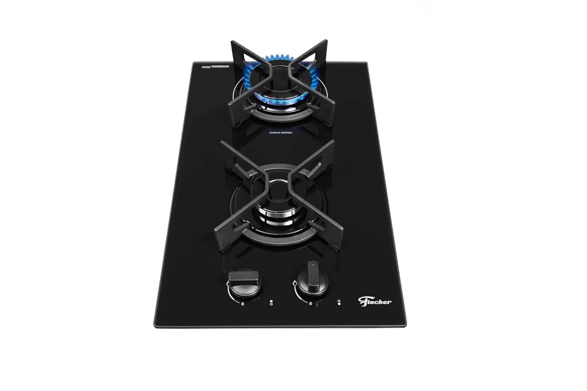 Fischer Cooktop à Gás 2 Bocas Fit Line Trempe Iron Mesa Vidro Preto Bivolt