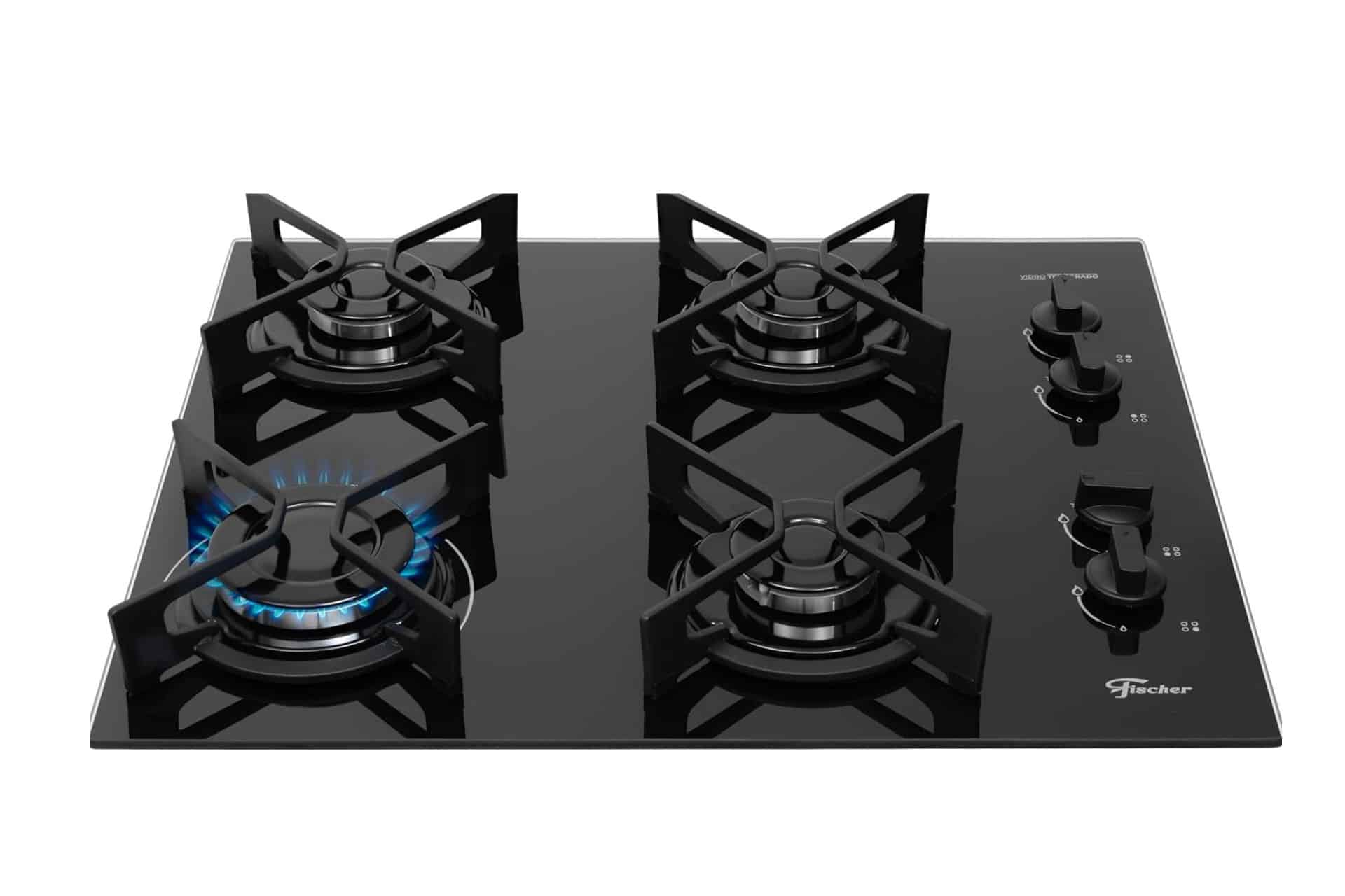 Fischer Cooktop à Gás 4 Bocas Fit Line Trempe Iron Mesa Vidro Preto Bivolt